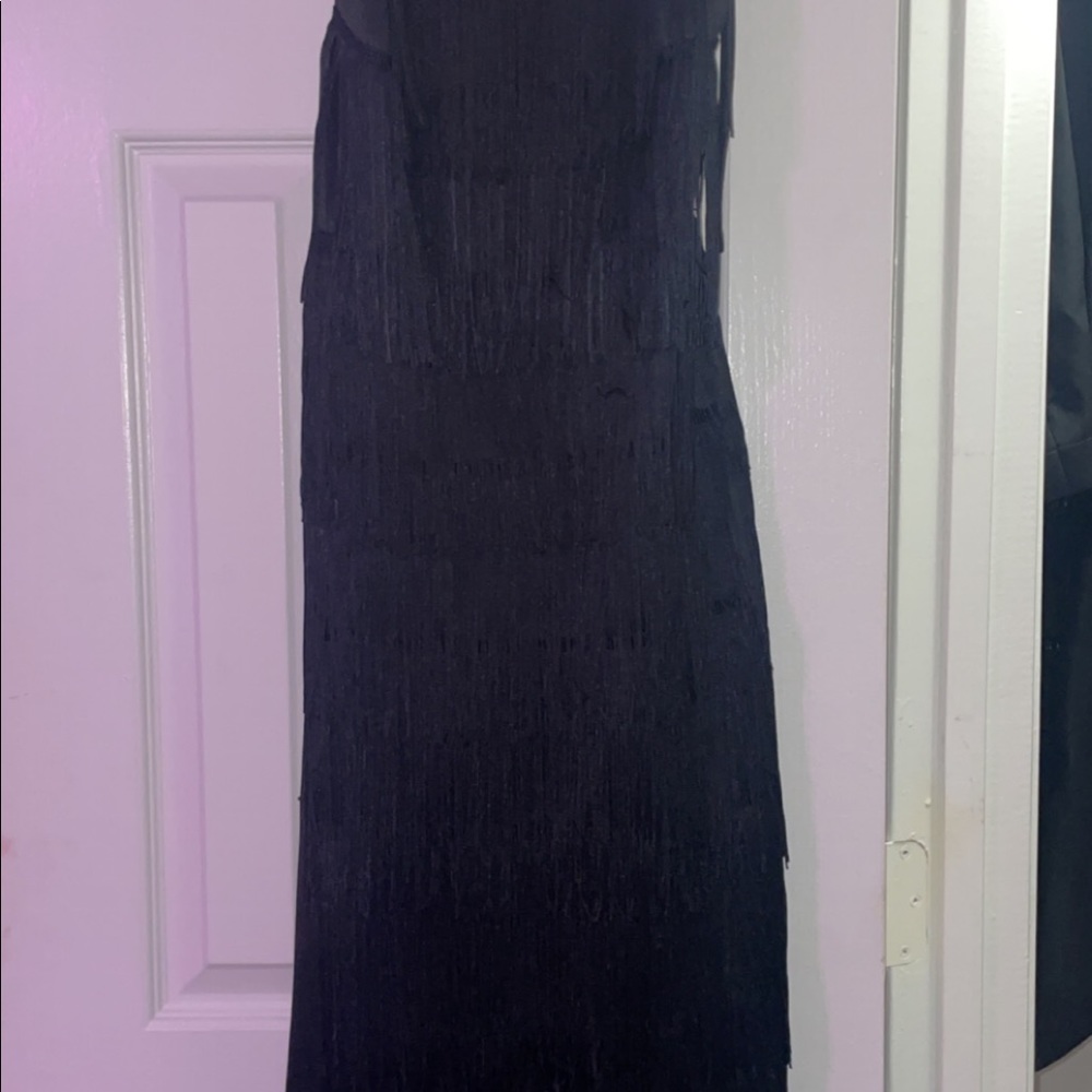 PRETTY LITTLE THING BLACK LOOSE TASSEL, LOW BACK DRESS